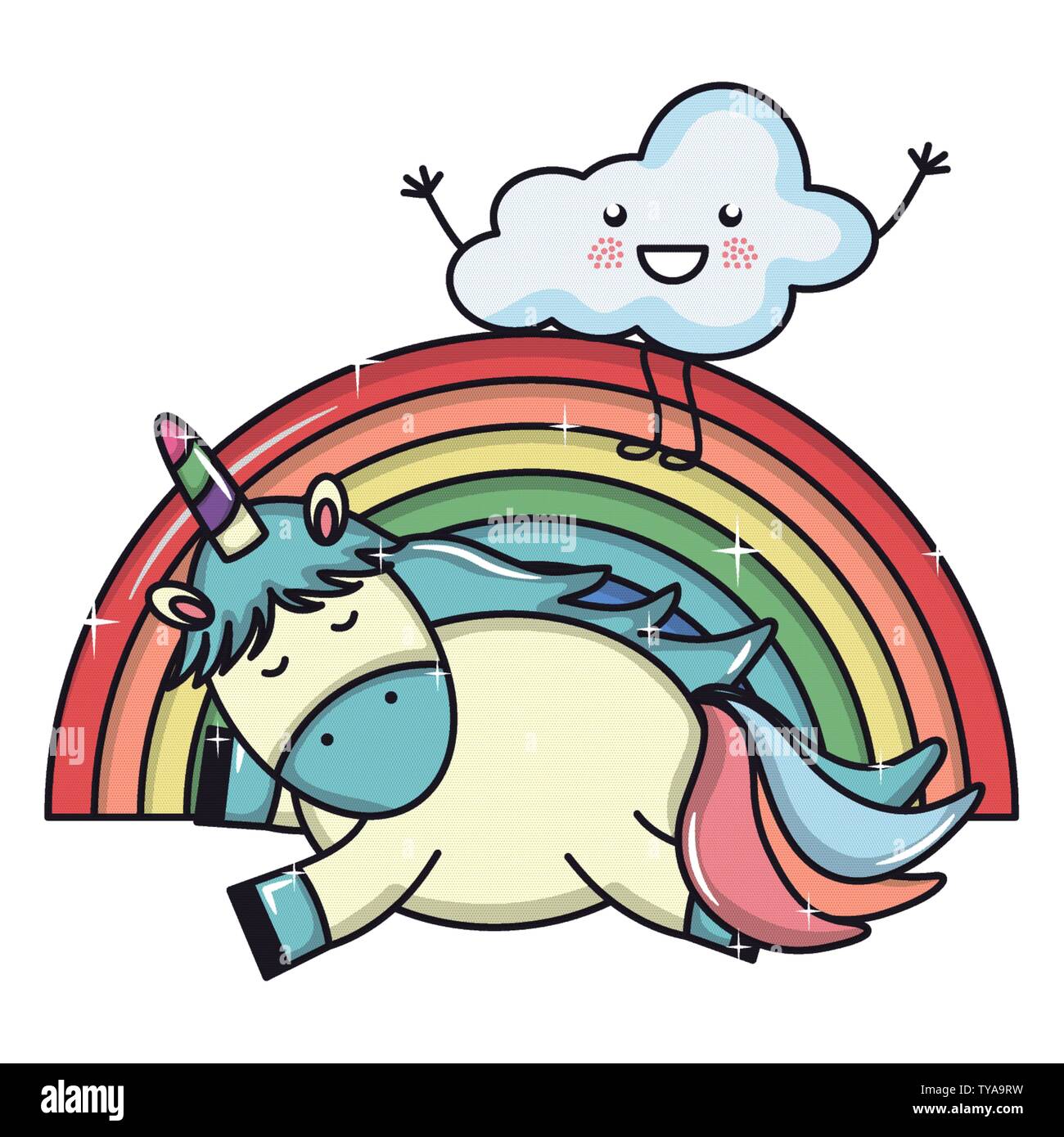 cute adorable unicorn with clouds and rainbow vector illustration ...