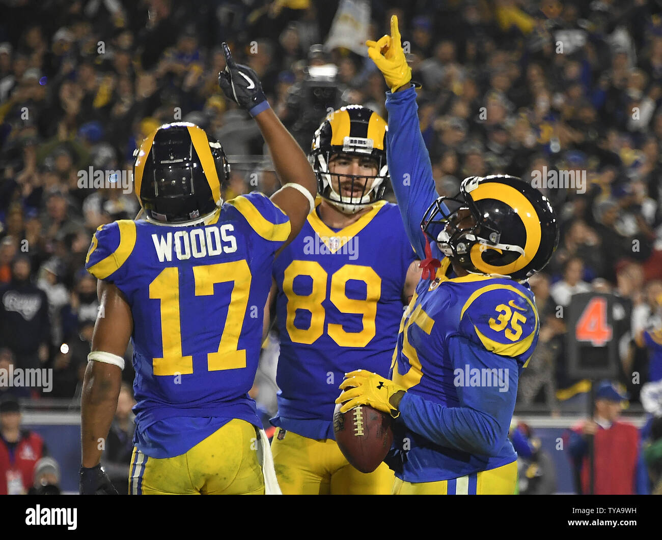 Los Angeles Rams running back C.J. Anderson (35) celebrates a touchdown with Robert Woods (17) and Tyler Higbee (89) in the second half against the Dallas Cowboy in a divisional-round playoff game at The Coliseum in Los Angeles on January 12, 2019. Photo by John McCoy/UPI Stock Photo