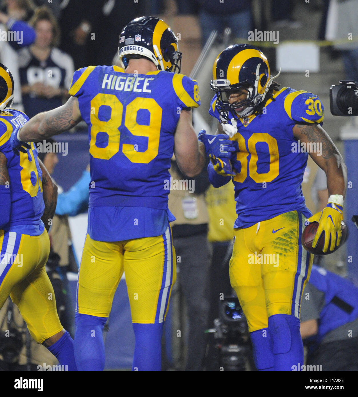 Tyler Higbee of the Los Angeles Rams celebrates a touchdown during