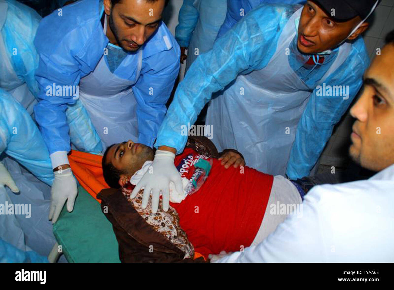 Medics treat a wounded person at a hospital in Benghazi, Libya, on February 25, 2011. Euphoria in Libya's second city Benghazi gave way to growing concern that it remains vulnerable to a counter-attack by Gaddafi's forces.   UPI Stock Photo