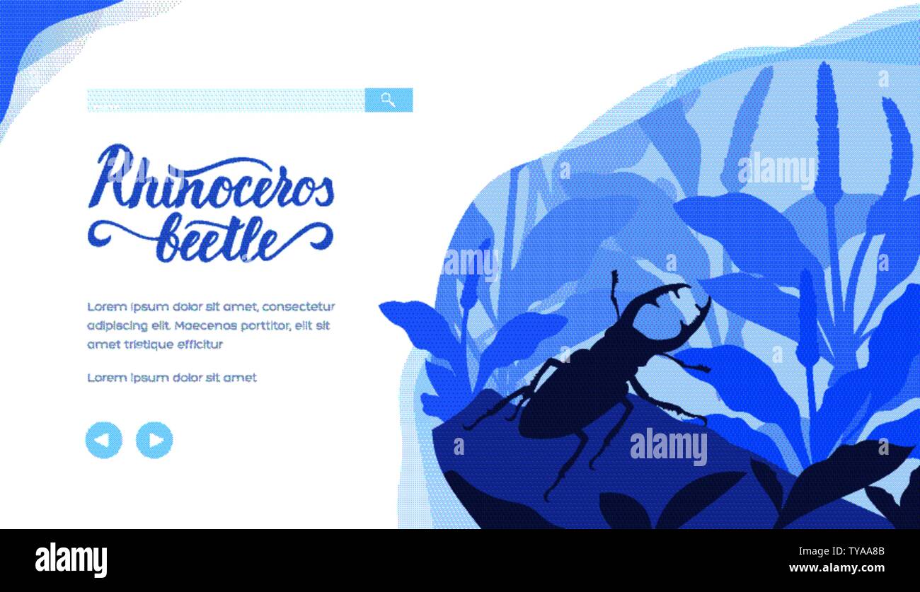Rhinoceros beetle crawling between plants. Silhouette of bug with horns in life environment in blue colours. Closeup view of insect. Place for text. Vector design for biology, agricultural projects. Stock Vector