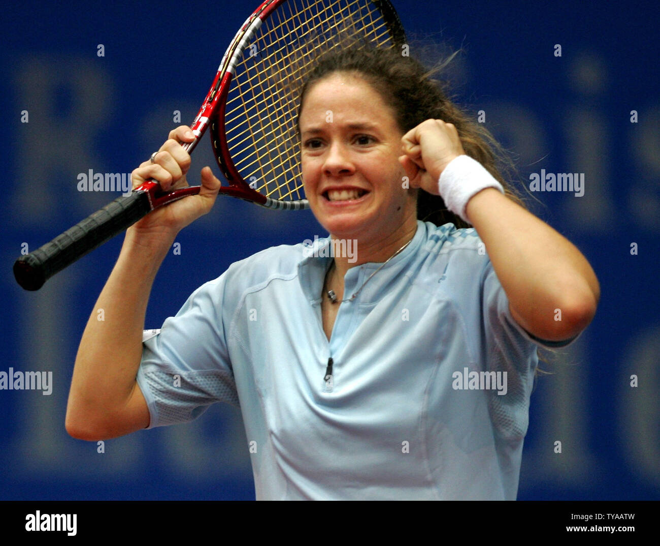 Patty Schnyder of Switzerland celebrates after winning a semifinal match  over Ana Ivanovic of Serbia and Montenegro, 7-5, 6-2 at the Generali Ladies Linz  Open in Linz, Austria on October 29, 2005.