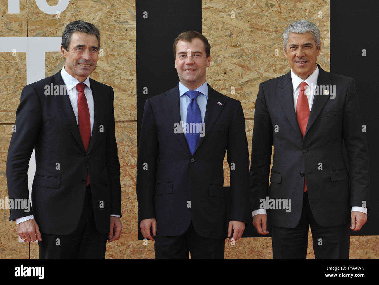 NATO Secretary General Anders Fogh (L), Russian President Dmitry Medvedev (C) and Portugal's Prime Minister Jose Socrates pose before NATO Russia Council meeting during  NATO summit in Lisbon on November 20, 2010.. UPI Stock Photo
