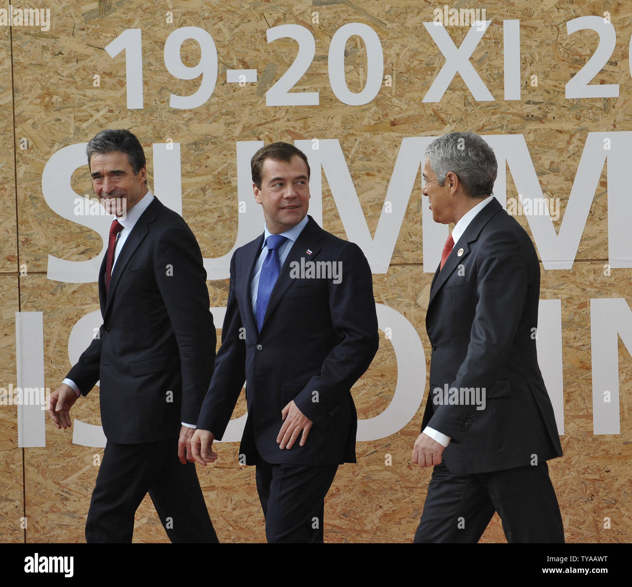 NATO Secretary General Anders Fogh (L), Russian President Dmitry Medvedev (C) and Portugal's Prime Minister Jose Socrates arrive at NATO Russia Council meeting during  NATO summit in Lisbon on November 20, 2010.. UPI Stock Photo