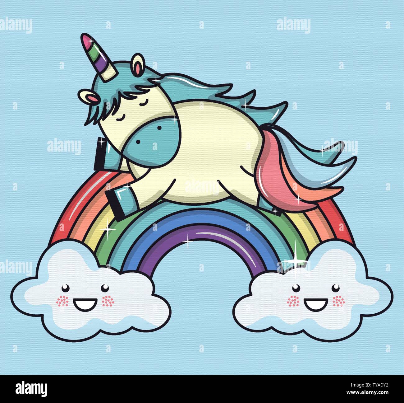 cute adorable unicorn with clouds and rainbow vector illustration ...