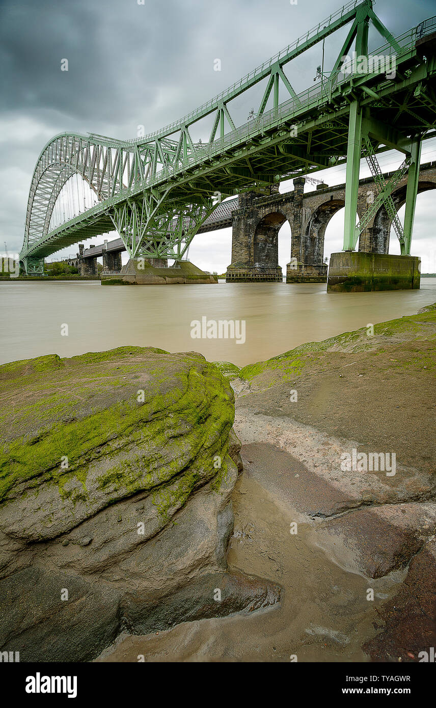 Low Level View of the Original Mesey Crossing at Runcorn, from West Bank Stock Photo