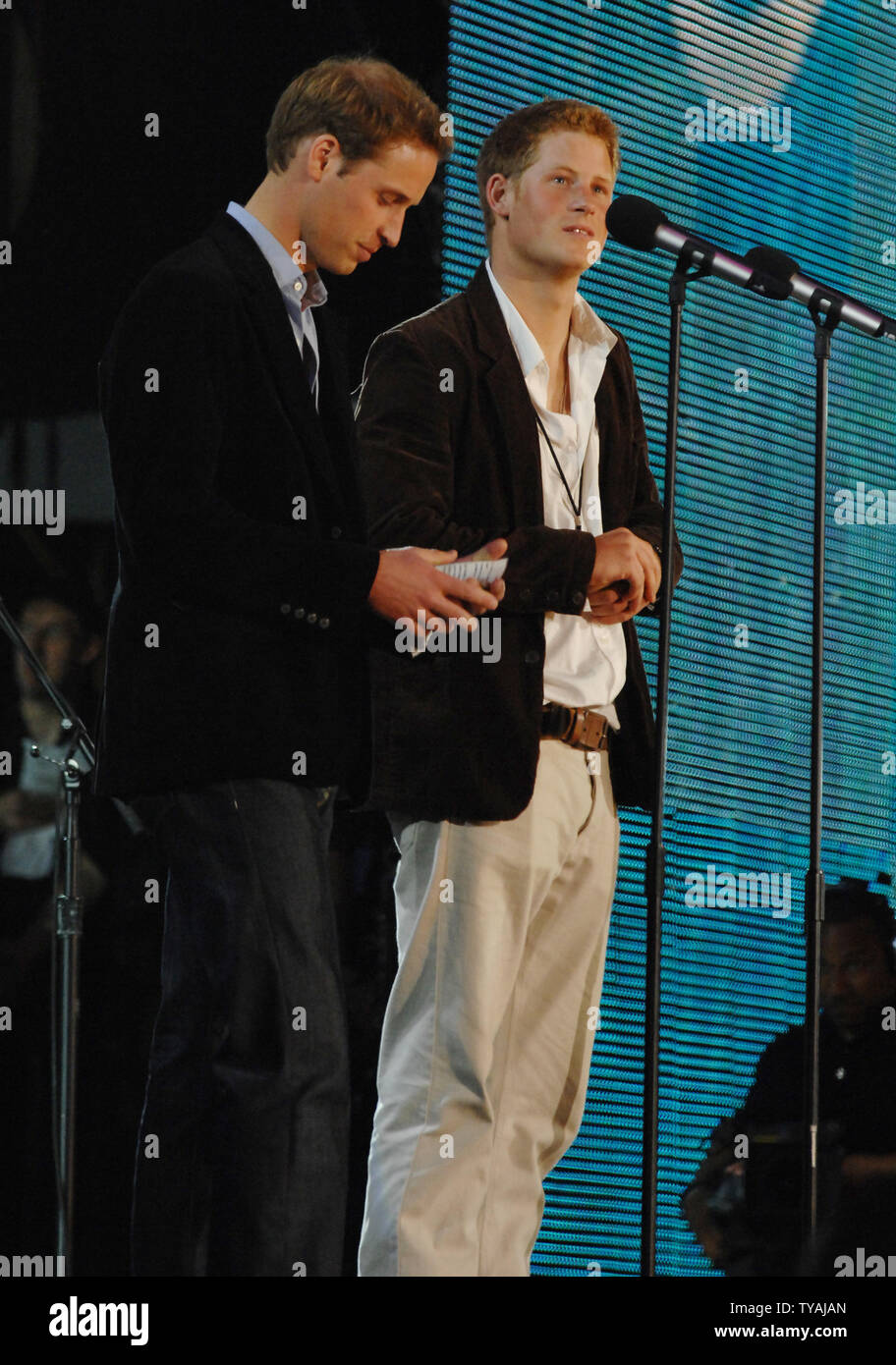 Princess Diana's sons Prince William (L) and Prince Harry attend 'The Concert For Diana' at Wembley Stadium in London on July 1, 2007.  (UPI Photo/Rune Hellestad) Stock Photo