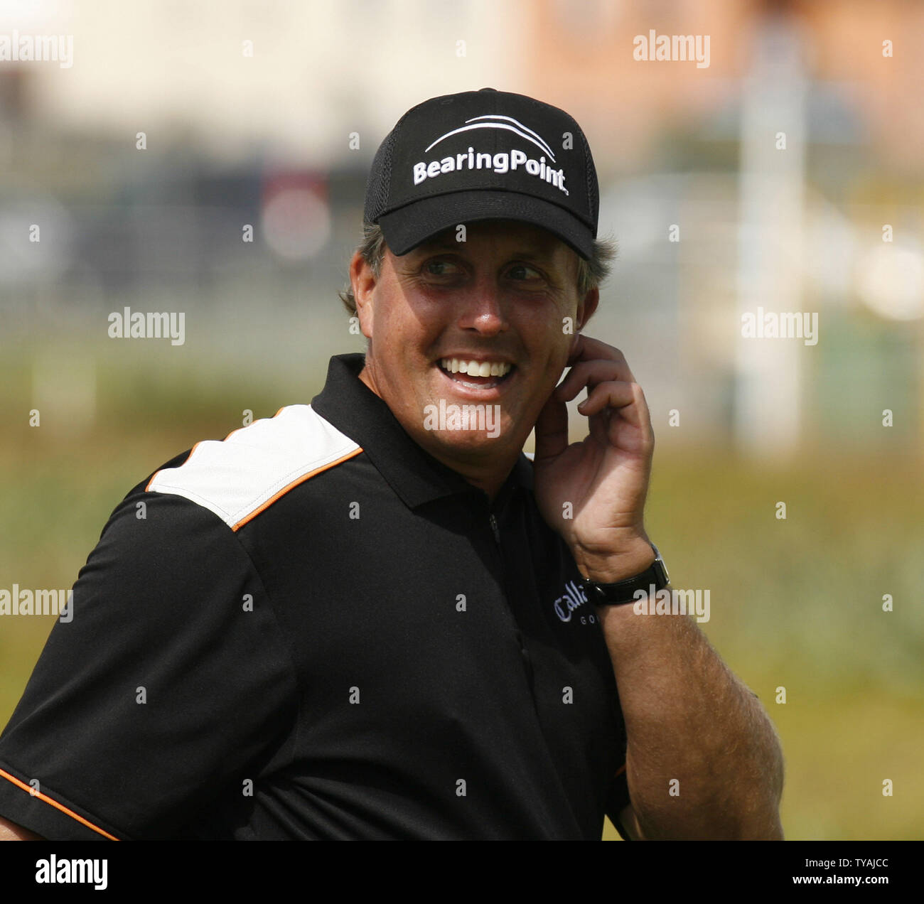 American Phil Mickelson smiles during the second day of practice at the 136th Open Championship at Carnoustie, Scotland on July 17, 2007.   (UPI Photo/Hugo Philpott) Stock Photo
