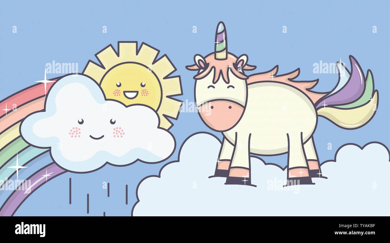 cute adorable unicorn with clouds sunny and rainbow vector illustration ...