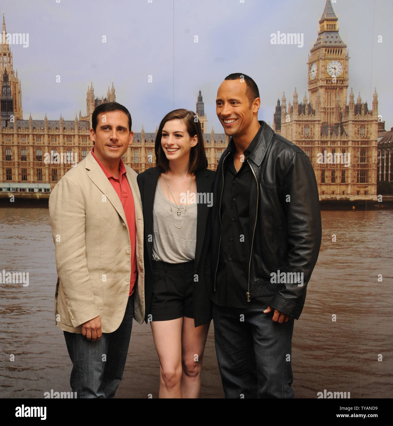 American actors Steve Carell, Anne Hathaway and Dwayne Johnson attend a