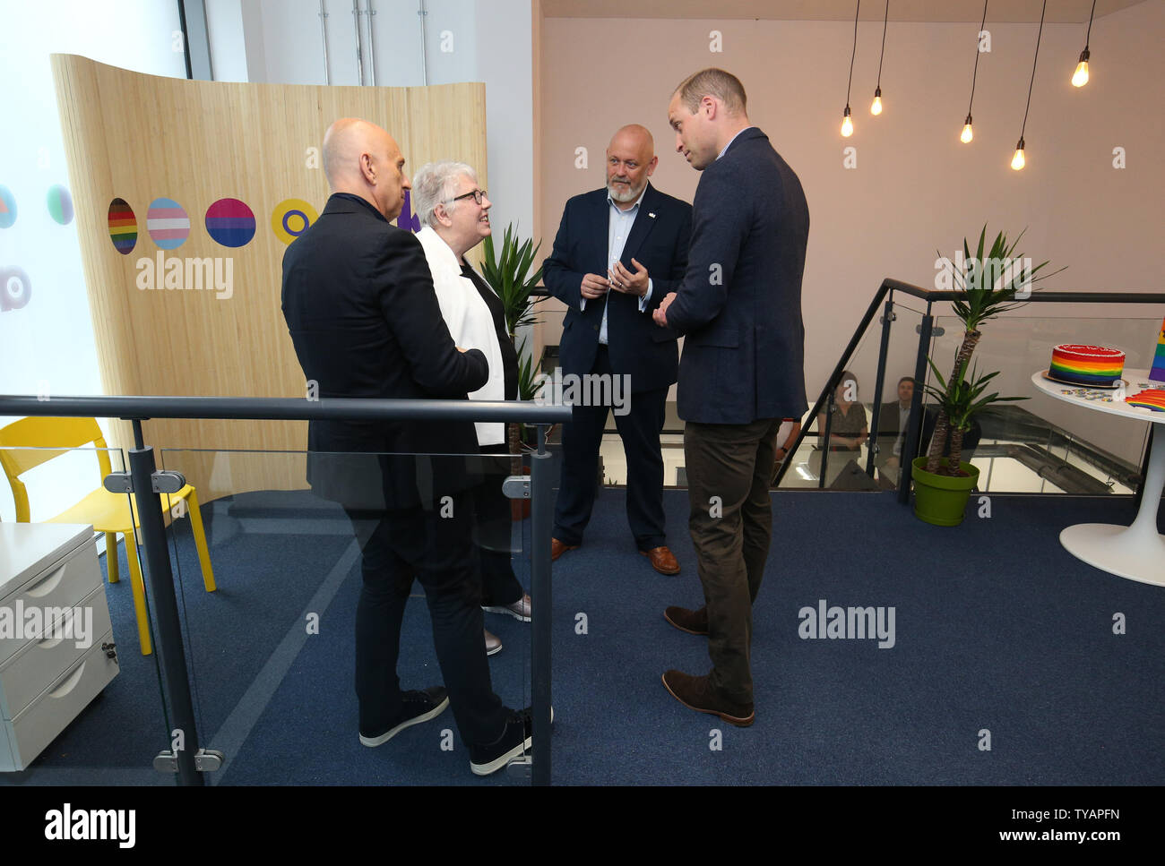 RETRANSMITTED WITH ADDITIONAL CAPTION INFORMATION The Duke of Cambridge talks with (left to right) Chief Executive Tim Sigsworth, founder Cath Hall and Chair of Trustees Terry Stacey, during a visit to the Albert Kennedy Trust in London to learn about the issue of LGBTQ youth homelessness and the unique approach that the organisation is taking to tackling the problem. Stock Photo