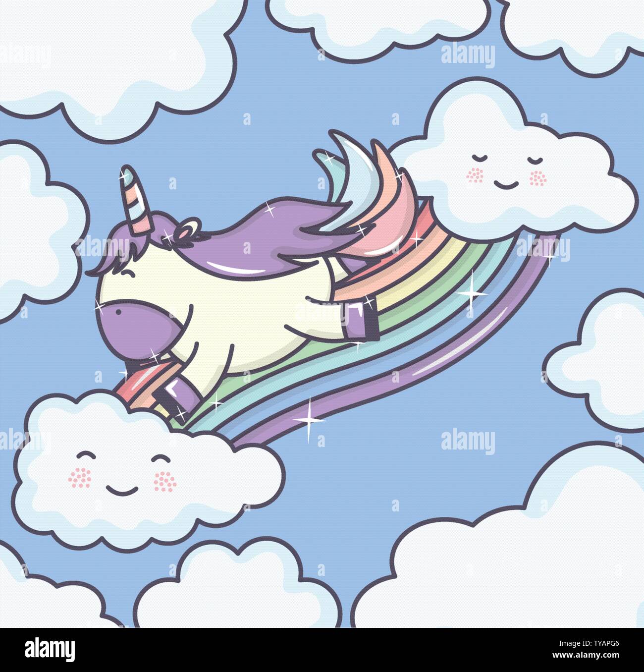 cute adorable unicorn with clouds and rainbow vector illustration ...