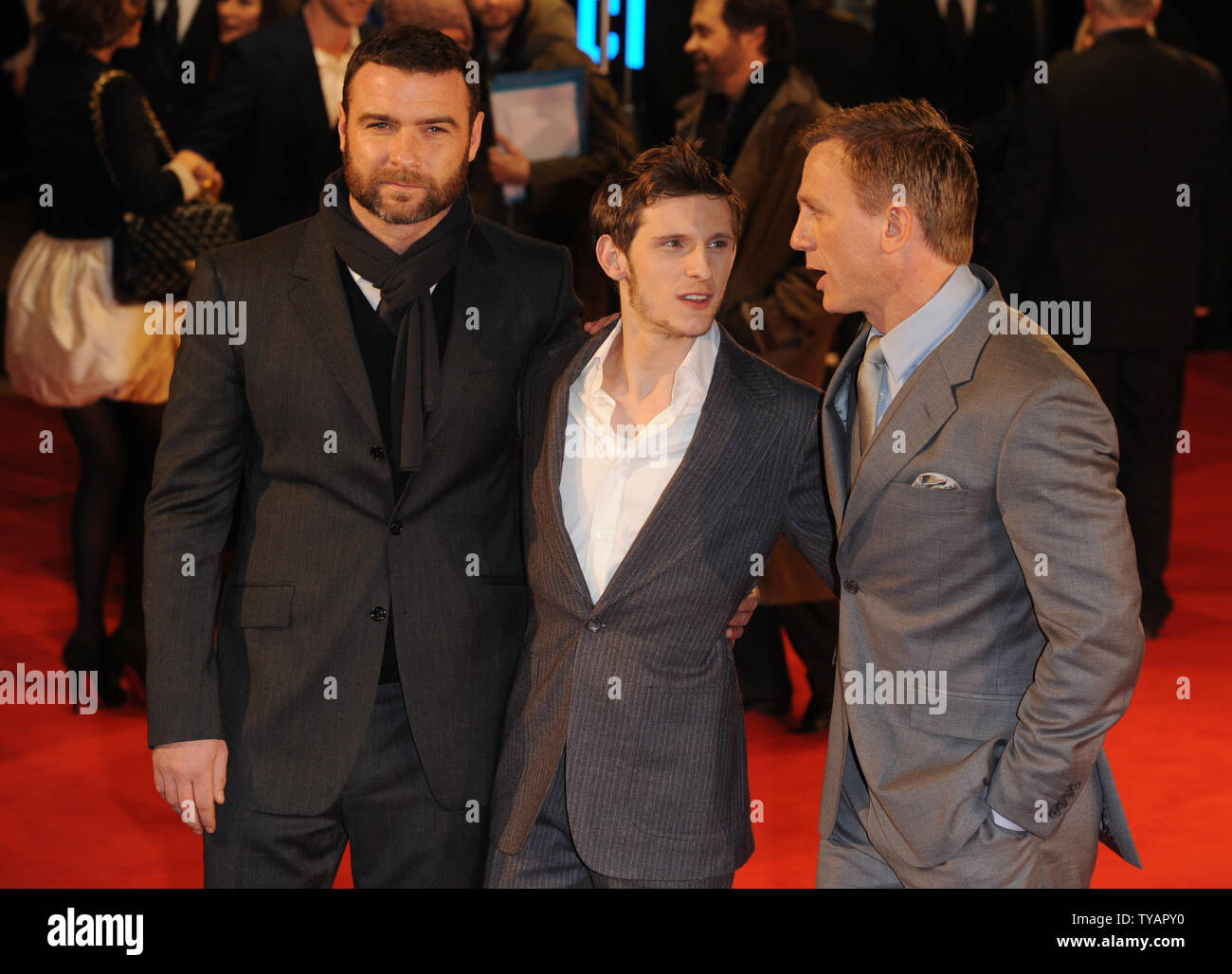American actor Liev Schreiber and British actors Jamie Bell and Daniel Craig attend the European premiere of 'Defiance' at Odeon, Leicester Square in London on January 6, 2009.  (UPI Photo/Rune Hellestad) Stock Photo