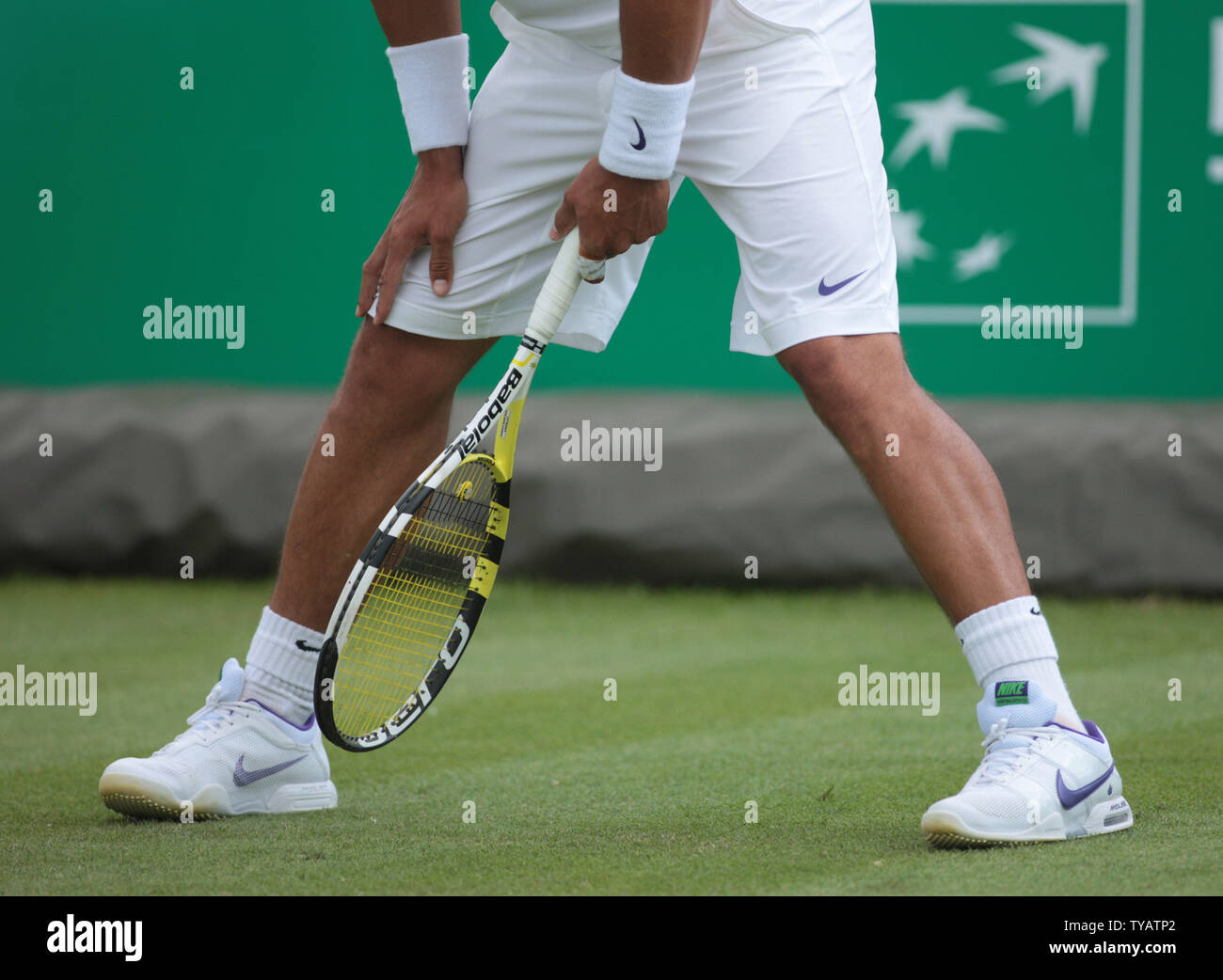 A close up of World No.1 tennis player Rafael Nadal's injured Knees during  the final of the BNP Paribas Tennis final against Stanislas Wawrinka at the  Hurlingham Club,London Friday June 15 2009.