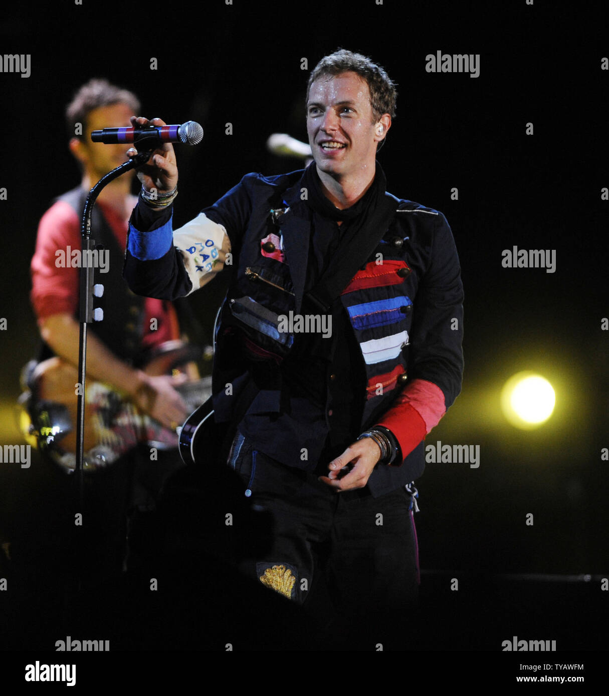 British singer Chris Martin performs with Coldplay at Wembley Stadium ...