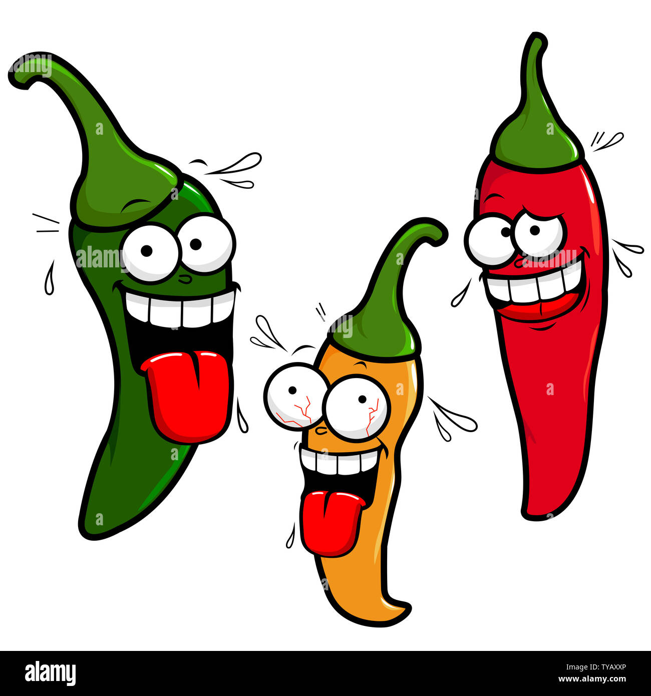 Funny cartoon hot chili pepper characters. Stock Photo