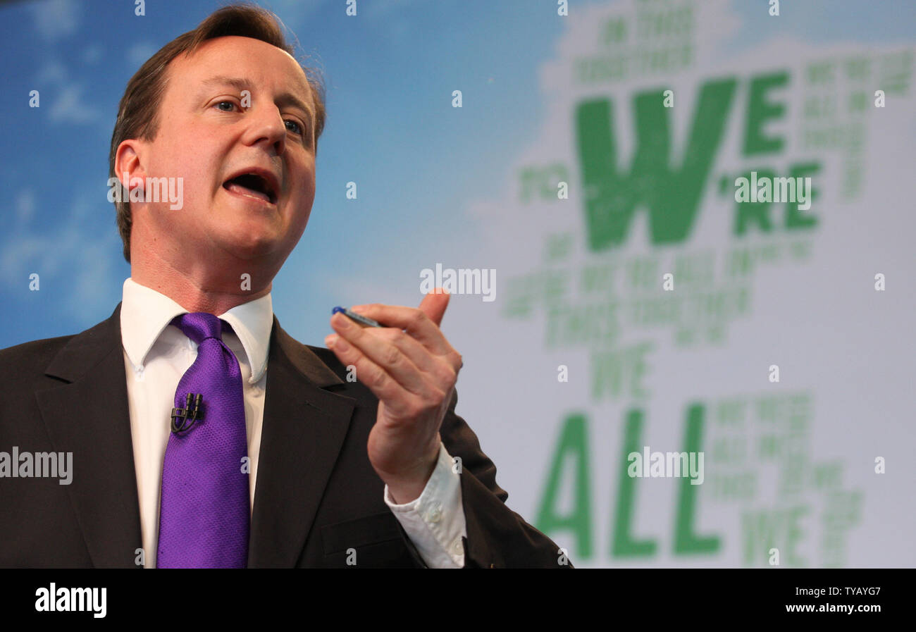 Conservative Party leader David Cameron launches his party's manifesto at Battersea Power station on April13, 2010 in London, England. The manifesto includes pledges to help members of the public set up their own schools, fire their own MP's and veto high rises in council tax.    UPI/Hugo Philpott Stock Photo