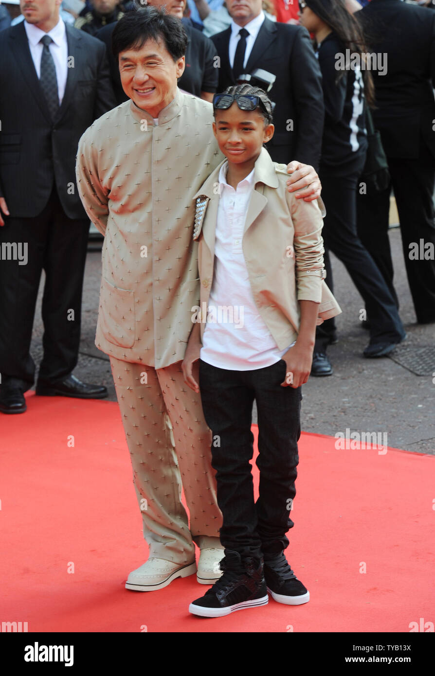 American actor  Jaden Smith and Hong Kong actor Jackie Chan attend the premiere of 'The Karate Kid' at Odeon, Leicester Square in London on July 15, 2010.     UPI/Rune Hellestad Stock Photo