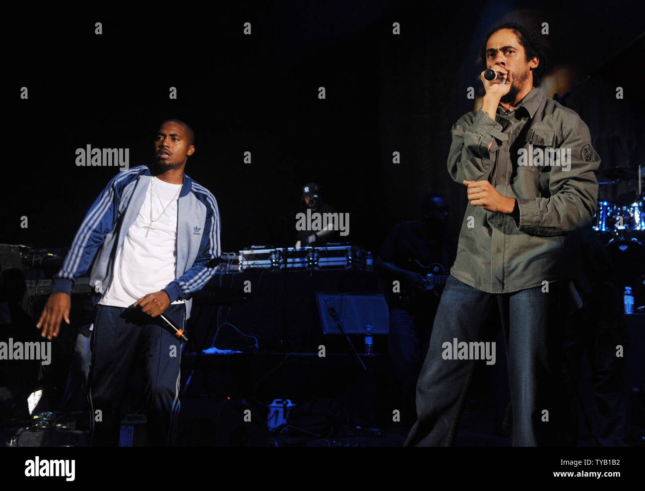 American rapper Nas and Jamaican reggae artist Damian Jr Gong Marley perform at Hammersmith Apollo in London on July 20, 2010.     UPI/Rune Hellestad Stock Photo