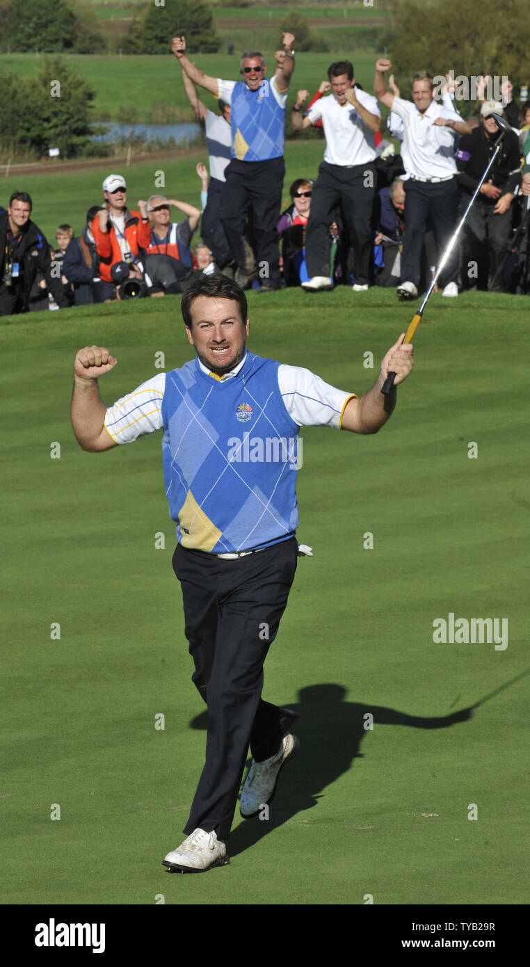 Team Europe's Graeme Mcdowell celebrates victory in the Ryder Cup on the fourth day of the 2010 Ryder Cup at Celtic Manor resort in Newport, Wales on October 04 2010.    UPI/Hugo Philpott Stock Photo