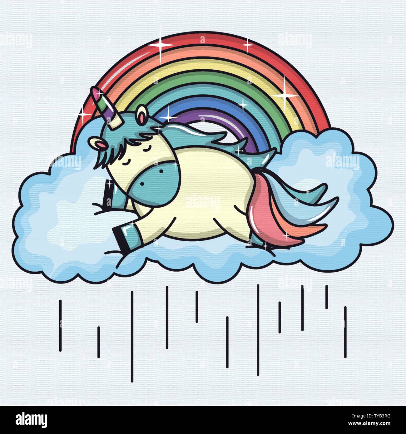 cute adorable unicorn with clouds rainy and rainbow vector illustration ...