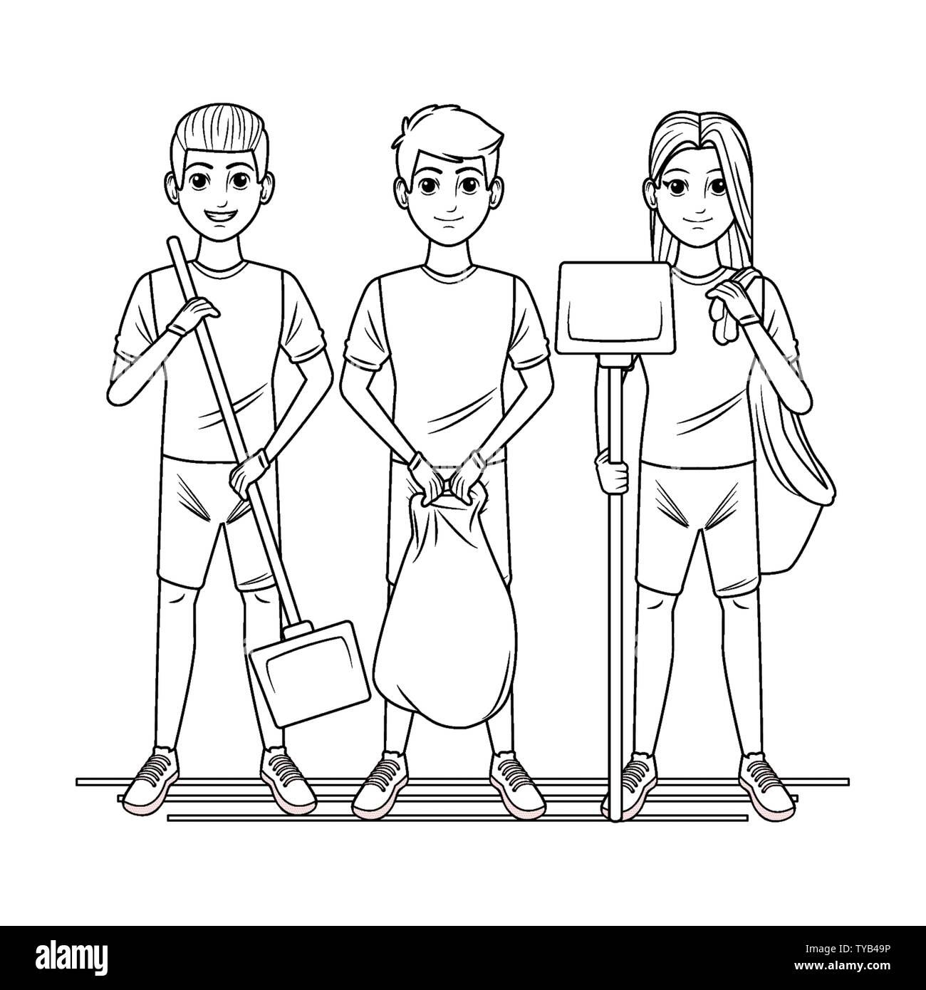 cleaning service person avatar cartoon character in black and white ...