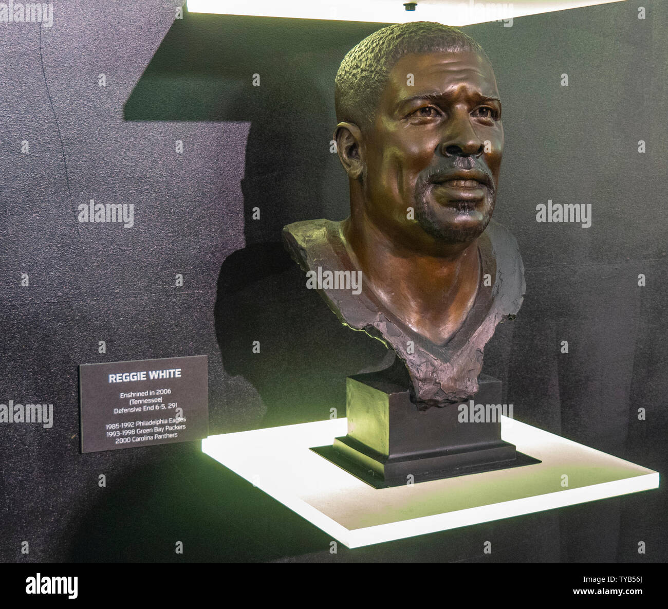 Bronze bust of Reggie White Hall of Fame inductee on display at NFL Draft 2019 Nissan Stadium