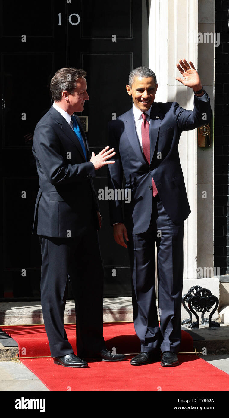 British Prime Minister David Cameron talks with US President Barack Obama at No.10 Downing St during a three day state visit to the United Kingdom in London on Tuesday May 24 2011. UPI/Hugo Philpott. Stock Photo