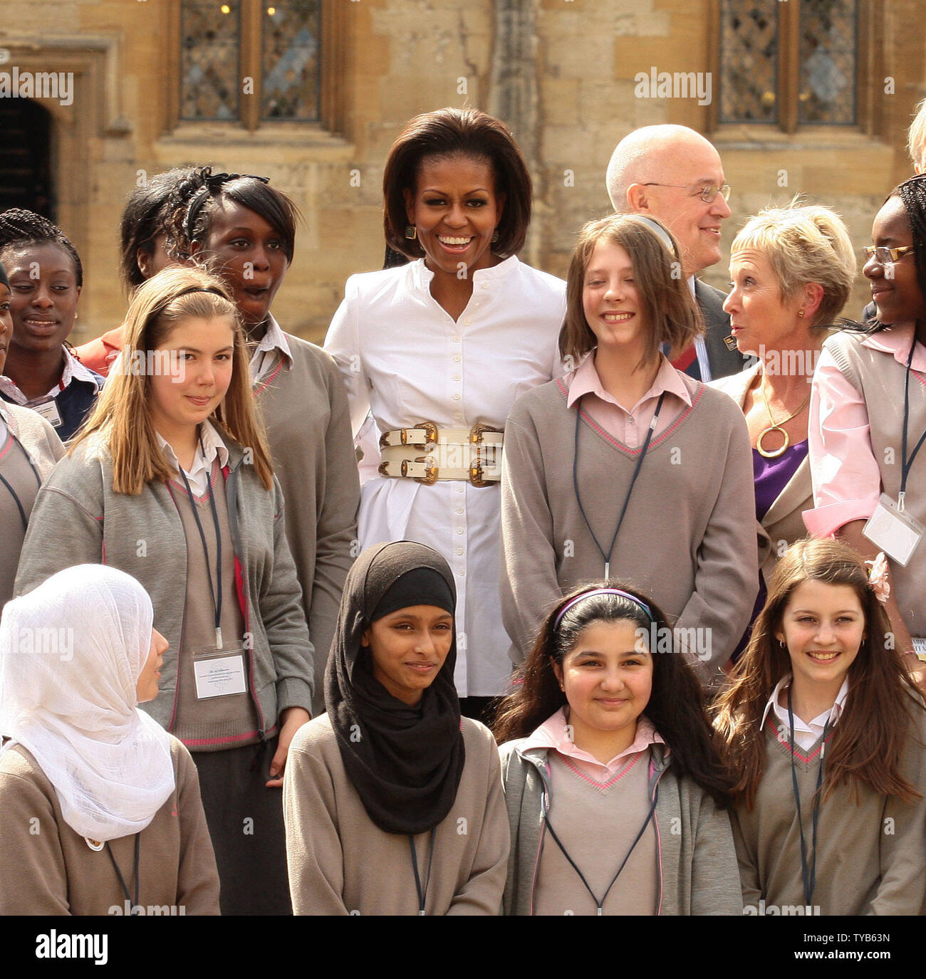 First lady Michelle Obama poses with pupils from Elizabeth Garrett ...