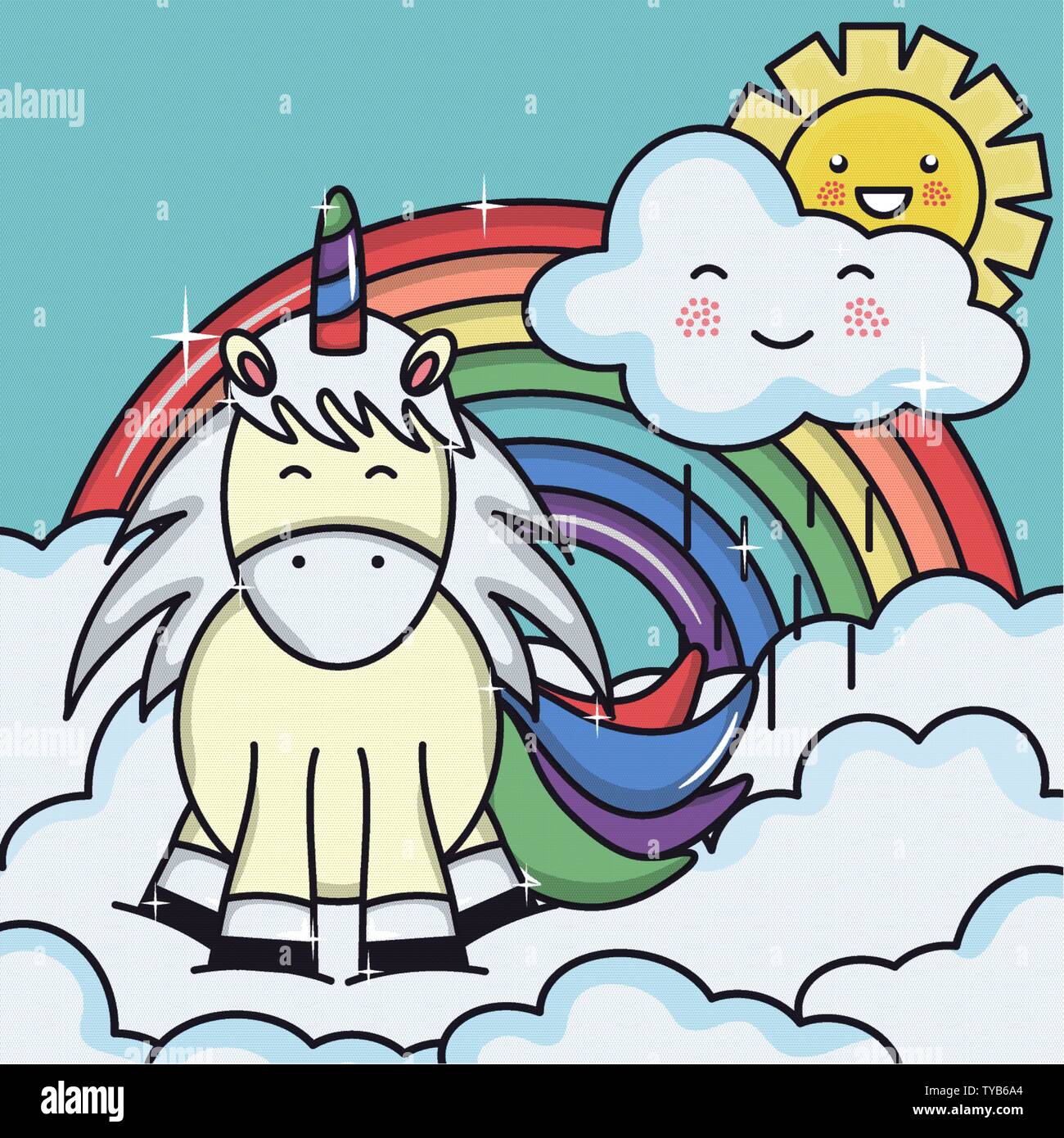 cute adorable unicorn with clouds sunny and rainbow vector illustration ...