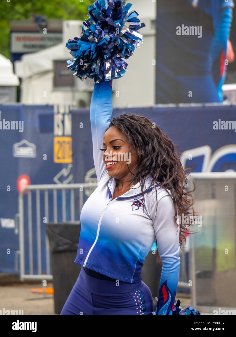 Afro-American Tennessee Titans cheerleader at NFL Draft 2019 Nissan Stadium, Nashville Tennessee, USA. Stock Photo