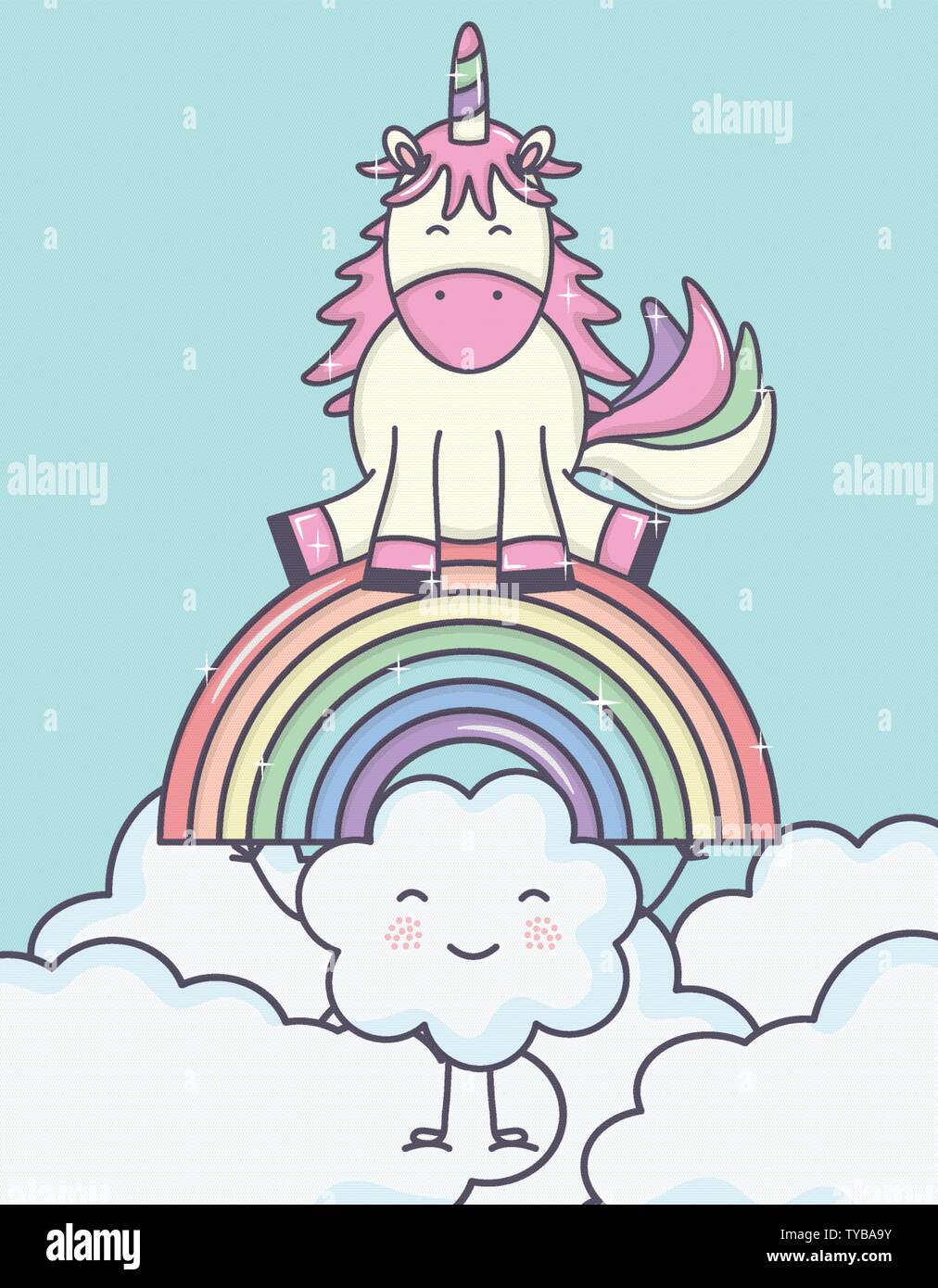 cute adorable unicorn with clouds and rainbow vector illustration ...