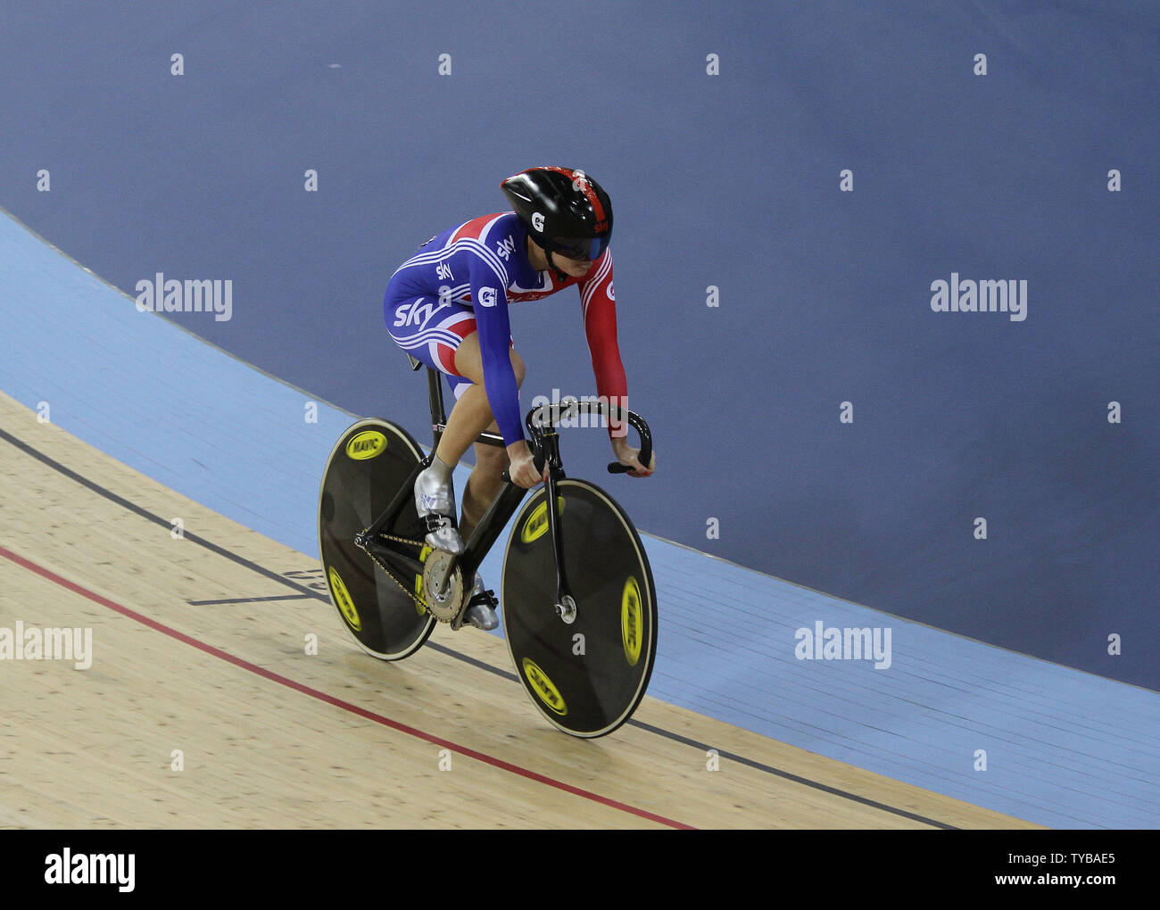 Great Britain's Victoria Pendleton takes part in the Women's Sprint at the UCI Track Cycling World Cup at the new Olympic Velodrome in Stratford, London on February 17, 2012.        UPI/Hugo Philpott Stock Photo