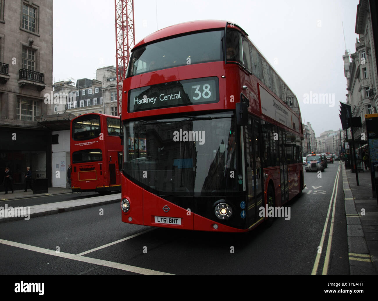 London's new Routemaster double-decker bus drives through Piccadilly Circus on route for Victoria station on Friday on March 2, 2012. The new bus inspired by the old Routemaster is very expensive costing £1.5m ($2.4 million) per bus and has been criticized as a vanity project of the London Mayor Boris Johnson.     UPI/Hugo Philpott Stock Photo