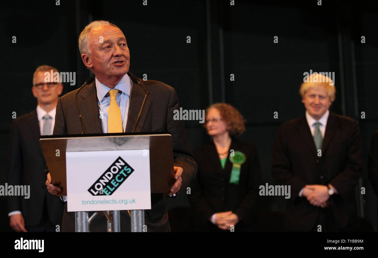 Labour candidate Ken Livingstone speaks to the media after narrowly losing the election for London's Mayor to Conservative Boris Johnson at City Hall in London, May 4, 2012.      UPI/Hugo Philpott Stock Photo