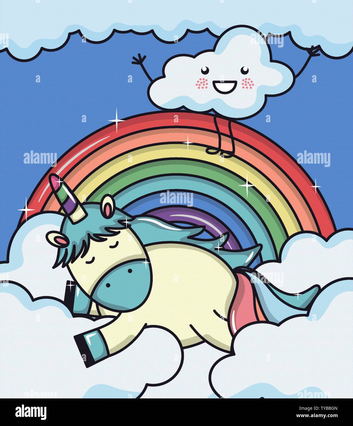 cute adorable unicorn with clouds and rainbow vector illustration ...