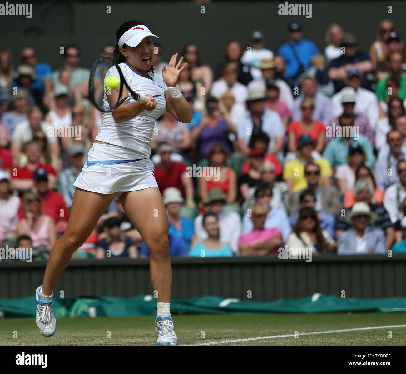 China's Jie Zheng returns in her match against America's Serena Williams on the sixth day of the 2012 Wimbledon championships in London, June 30, 2012.      UPI/Hugo Philpott Stock Photo