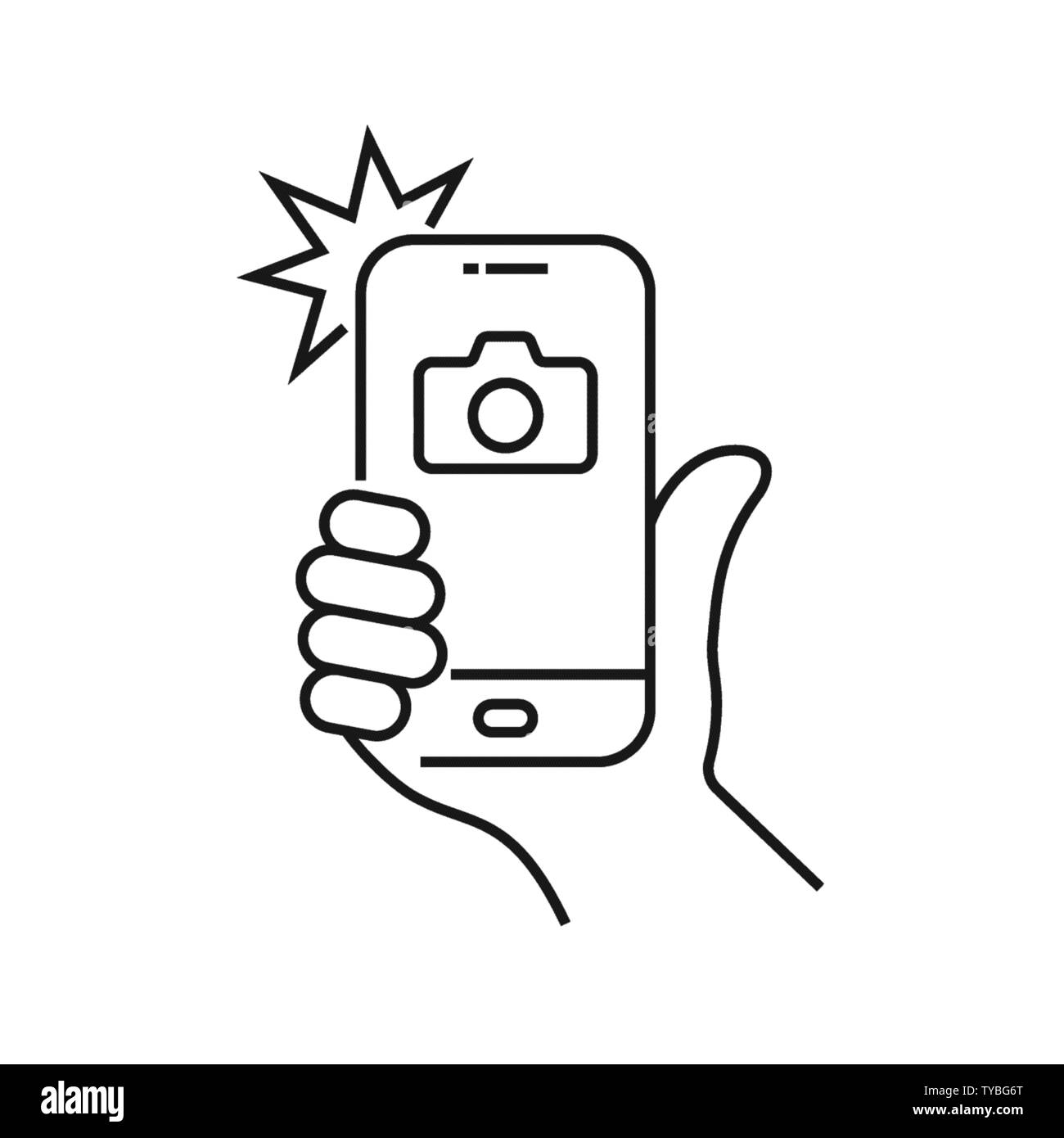 Photo on smartphone with flash, hand is holding smartphone and doing photo. Camera viewfinder, hand and flash. Editable Stroke. EPS 10 Stock Vector