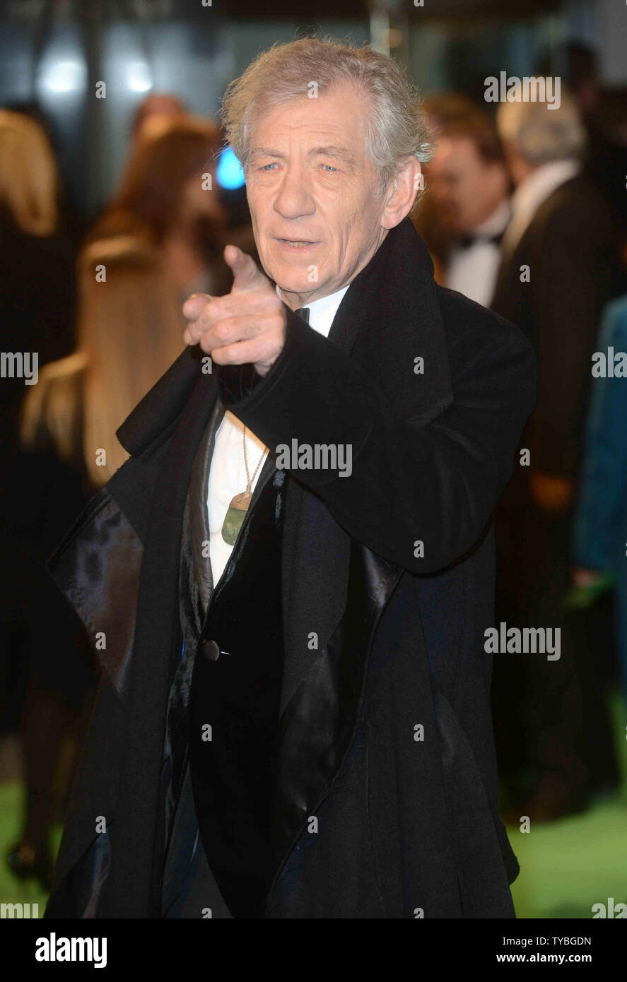 English actor Sir Ian McKellen attends The UK premiere of 'The Hobbit: An Unexpected Journey' at The Odeon Leicester Square and Empire Leicester Square, in London on December 12, 2012.     UPI/Paul Treadway Stock Photo