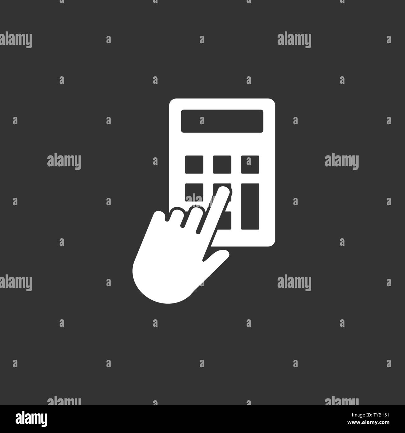 hand holding phone with calculator app. concept of ui, income, balance, tax, program, gadget, marketing, accounting, growth. flat style trend modern d Stock Vector