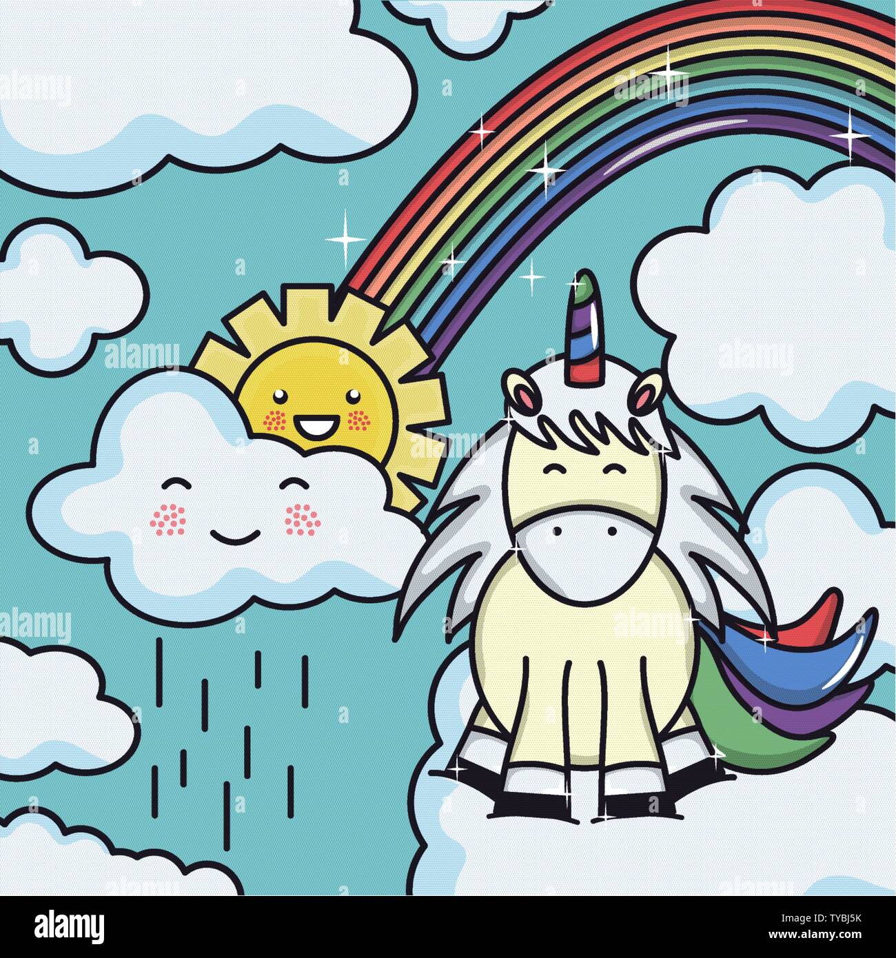 cute adorable unicorn with clouds rainy and rainbow vector illustration ...