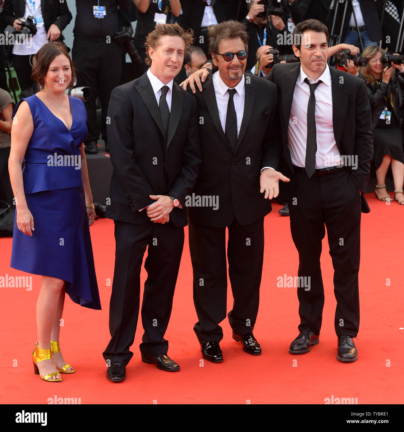 American producer Lisa Muskat, director David Gordon Green, actors Al Pacino and Chris Messina attend the premiere of 'Manglehorn' at the 71st Venice Film Festival in Venice on August 30, 2014.     UPI/ Rune Hellestad Stock Photo