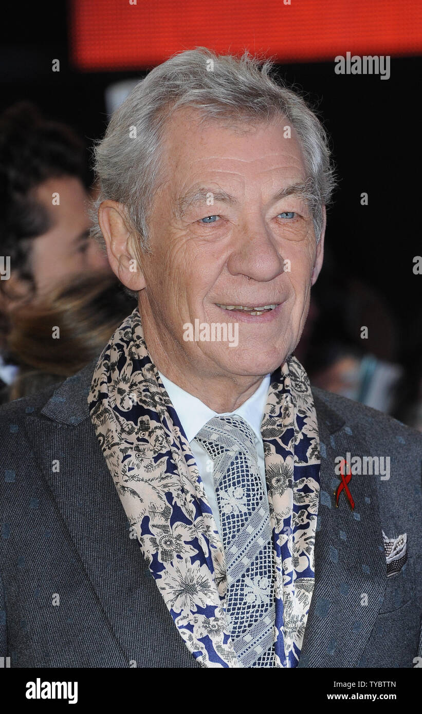 English actor Sir Ian McKellen attends the World Premiere of 'The Hobbit: The Battle Of The Five Armies' at Odeon Leicester Square in London on December 1, 2014.     UPI/Paul Treadway Stock Photo