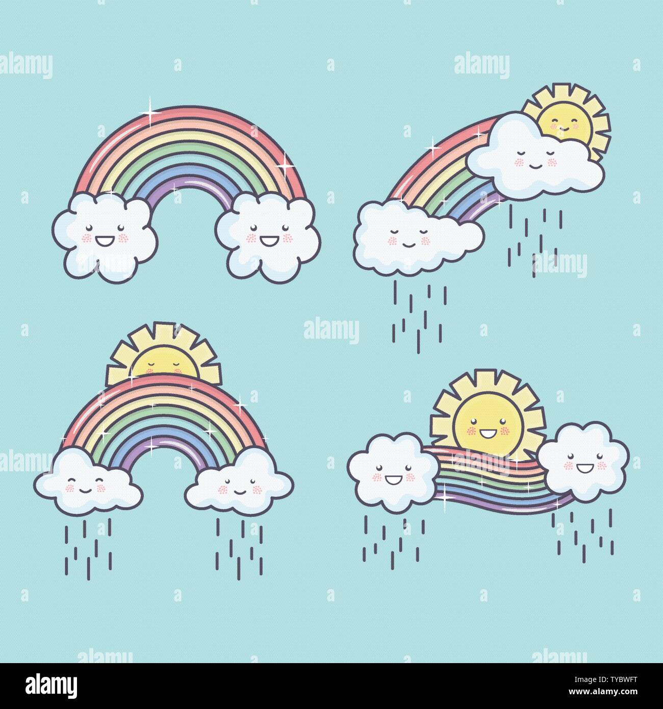 cute summer sun and clouds rainy with rainbow kawaii characters ...
