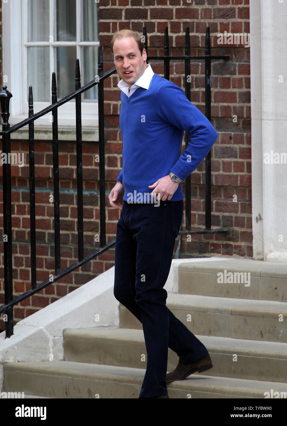 His Royal Highness Prince William leaves the Lindo Wing St Mary's Hospital, London on May 02, 2015. The Duchess of Cornwall gave birth to a girl weighing eight ponds three ounces.  Photo by Hugo Philpott/UPI. Stock Photo