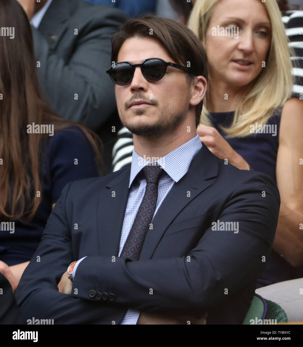 American actor Josh Hartnett watches the match between Great Britain's Andy Murray and Canada's Vasek Pospisil on day nine of the 2015 Wimbledon championships, London on July 8, 2015.      Photo by Hugo Philpott/UPI Stock Photo