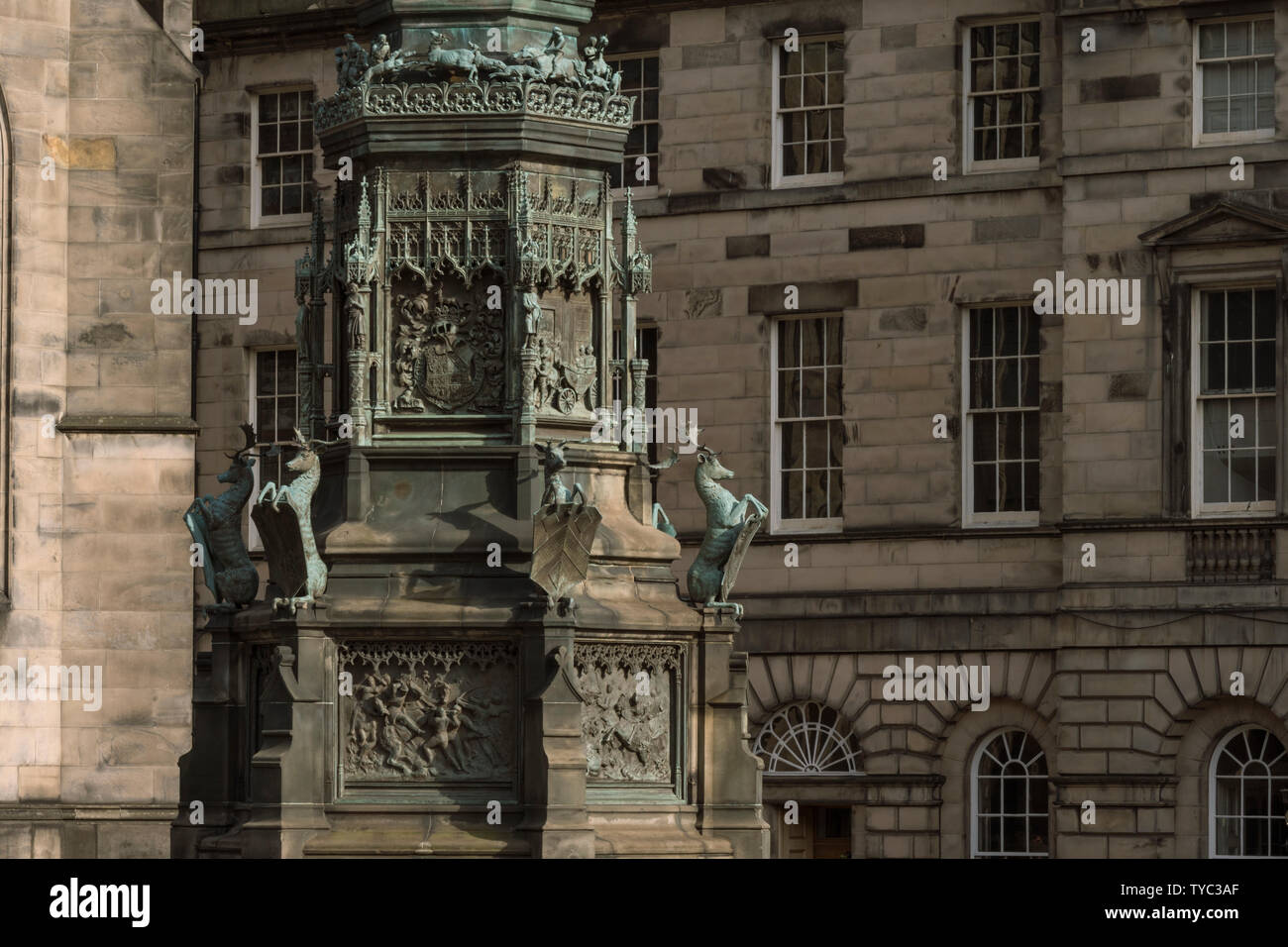 The Queensberry memorial statue overlooks West Parliament Square off the Royal Mile in Edinburgh, Scotland, UK Stock Photo