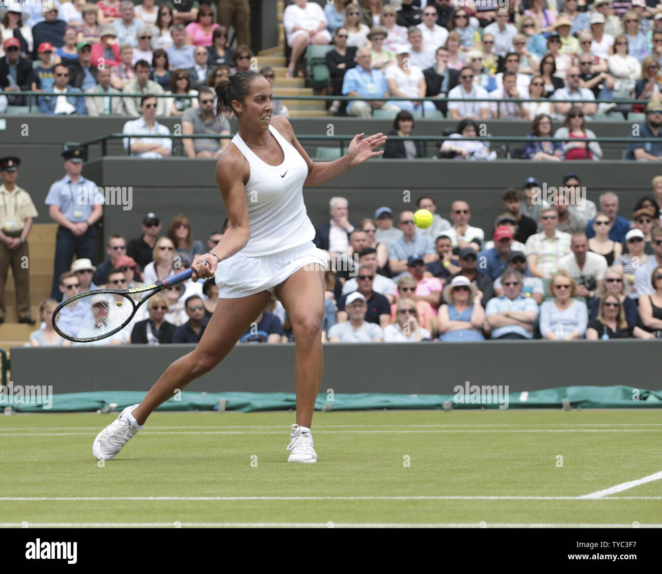 American Madison Keys returns the ball in her match against Romanian Simona Halep on Day seven of the 2016 Wimbledon Championships in Wimbledon, London July 04, 2016.      Photo by Hugo Philpott/UPI Stock Photo