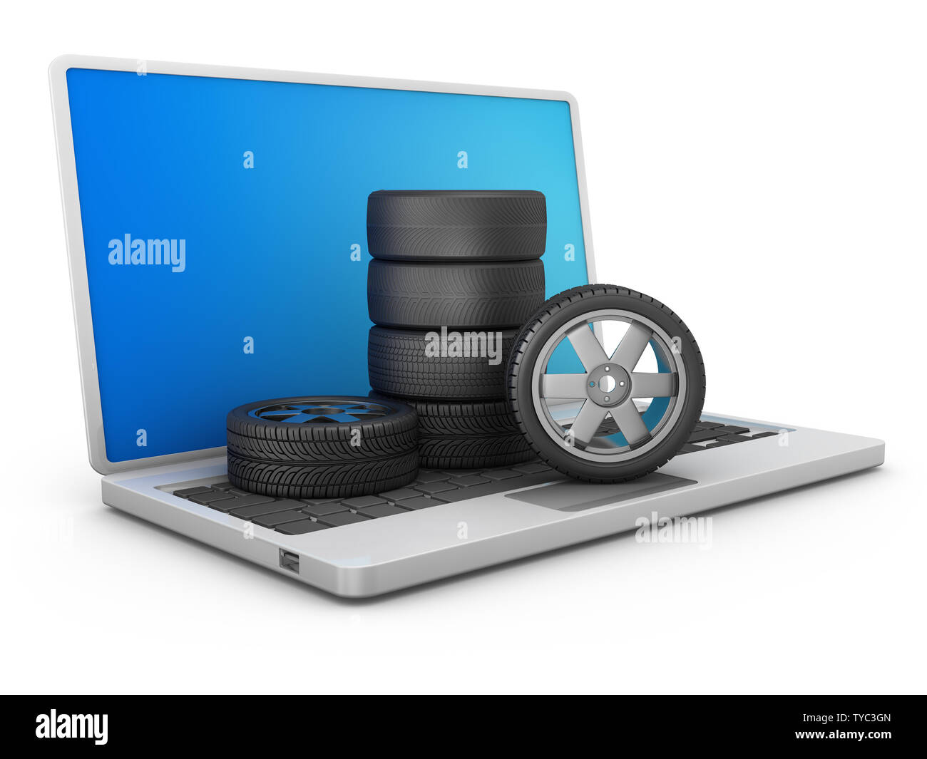 A stack of car tires and wheels on a laptop. 3d render Stock Photo