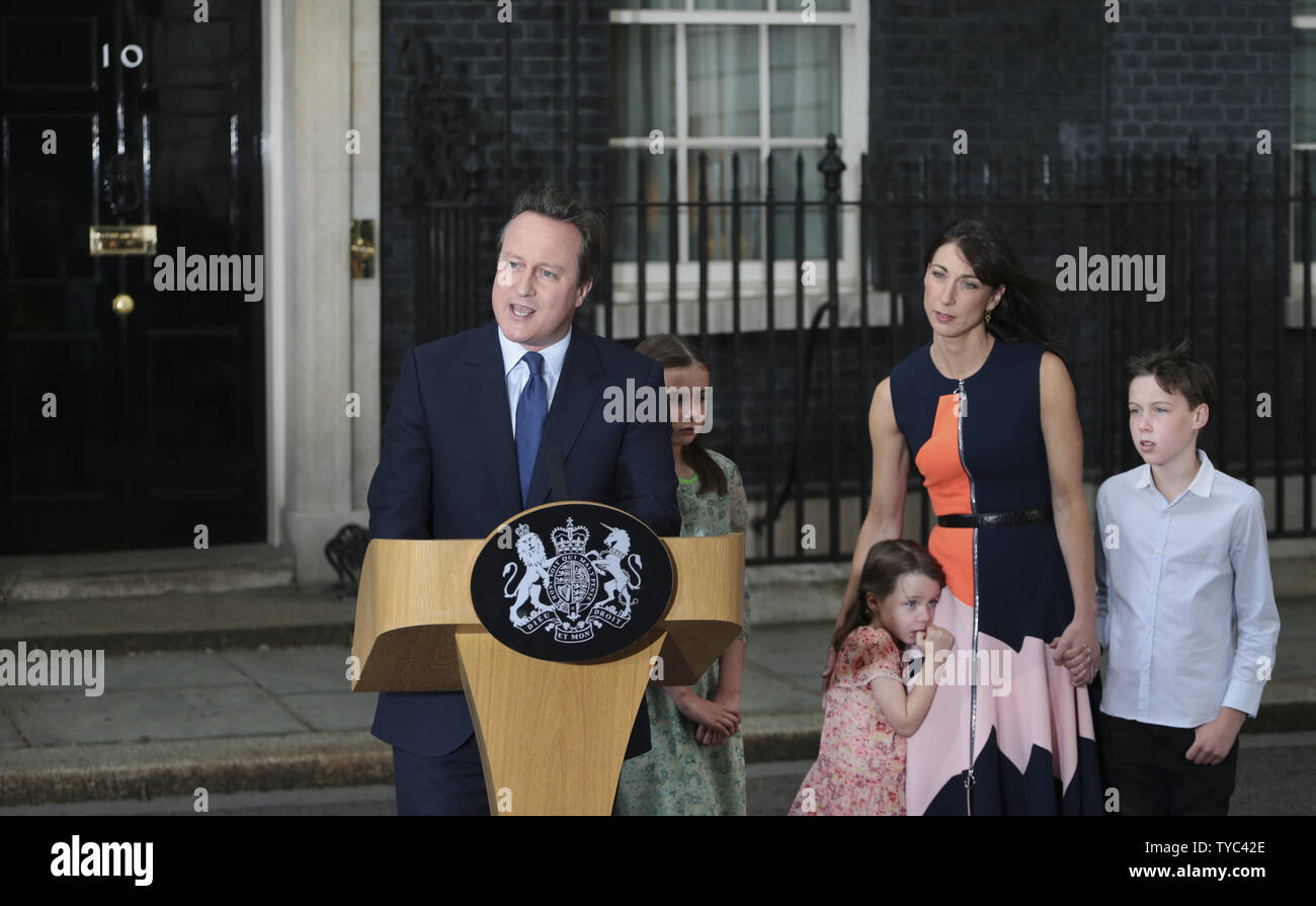 British Prime Minister David Cameron delivers his resignation speech accompanied by his family before the new Prime Minister Teresa May enters No.10 Downing St in Westminster, London July 13, 2016.       Photo by Hugo Philpott/UPI Stock Photo